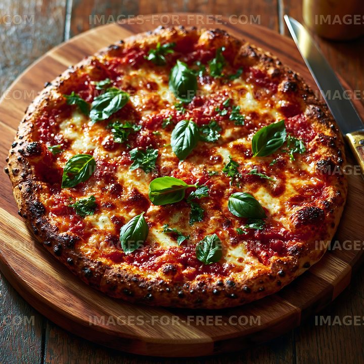 Freshly baked pizza with basil on a wooden board