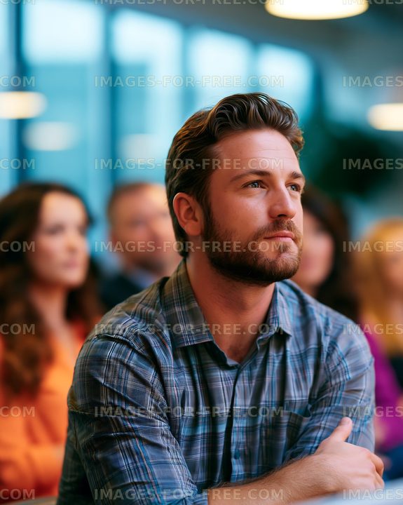 Man listening attentively in a group setting indoors