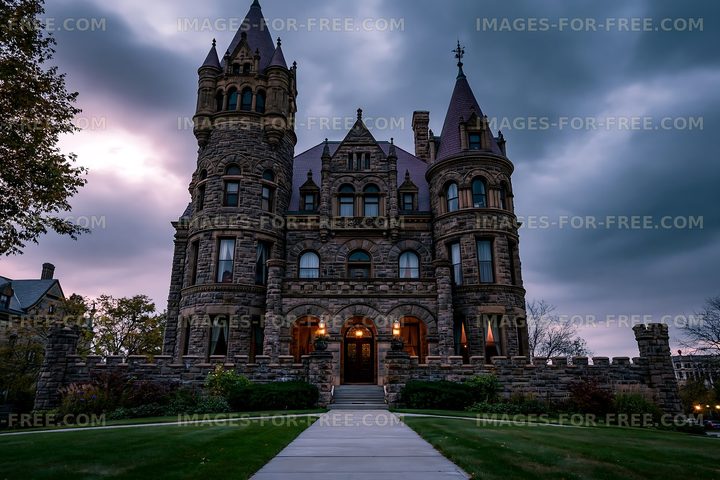 Historic stone castle with tall towers and dark sky