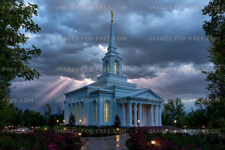 Beautiful church under a cloudy sky with sun rays shining