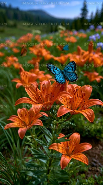 Butterfly on bright orange flowers in a green landscape
