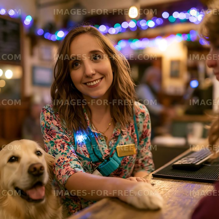 Friendly staff member interacts with customers at a cozy pub