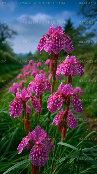 Pink flowers bloom along a green path in a natural setting