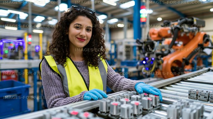 Woman in safety vest working in a modern factory setting