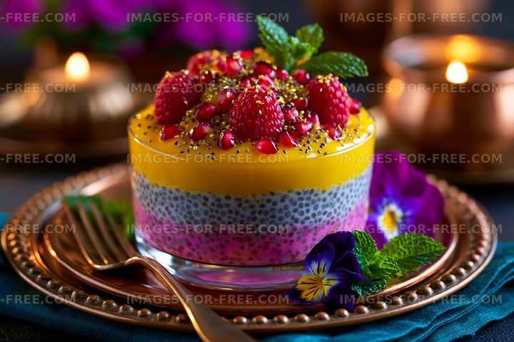 Colorful dessert served in a glass bowl with berries and mint