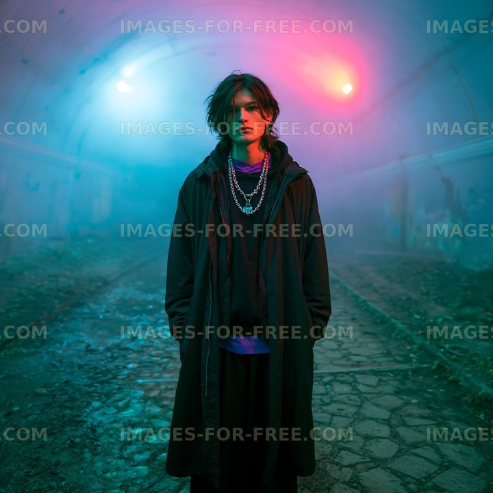 A young person stands in a foggy tunnel