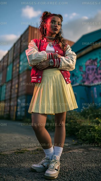 Young girl in a red and white varsity jacket and yellow skirt