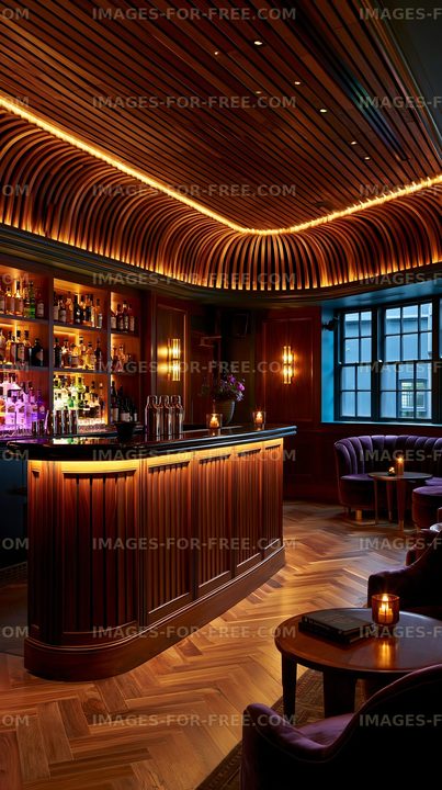 Dimly lit bar interior with wooden decor and shelves of drinks