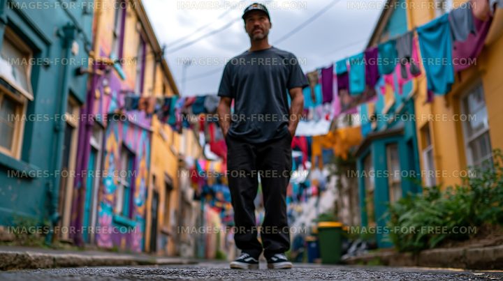 Man stands in a colorful alley with clothes hanging above