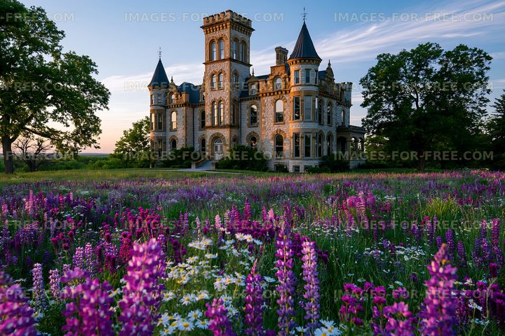 Historic mansion surrounded by flowers at sunset