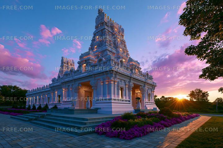 Beautiful temple at sunset with colorful sky and flowers
