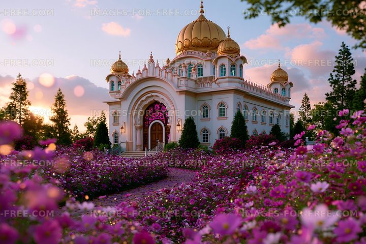 Temple with golden dome surrounded by blooming flowers at sunset