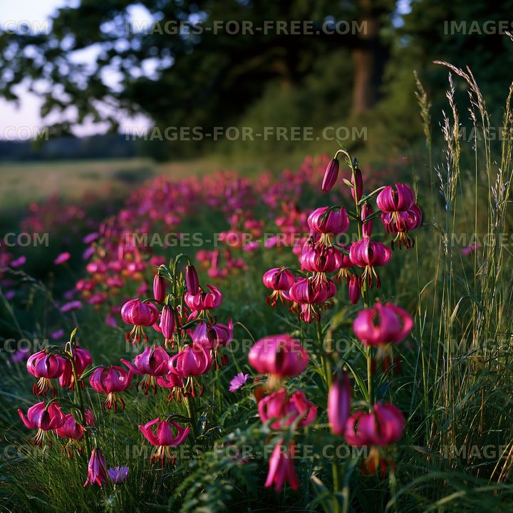 Field of pink flowers under afternoon light