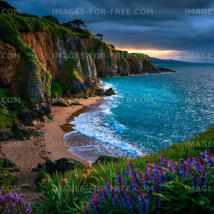 Coastline view with waves crashing on sandy beach at sunset