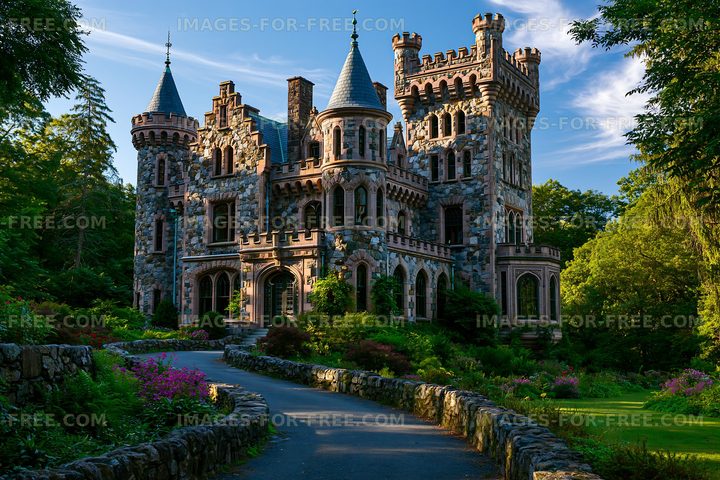 Historic castle with stone architecture in a lush garden setting