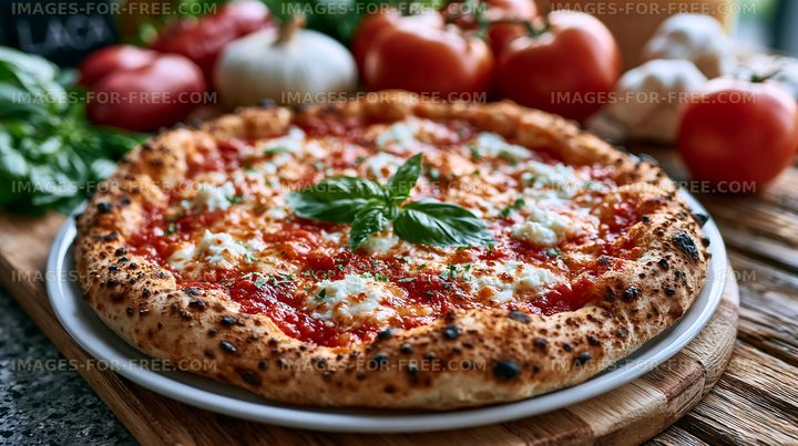 Freshly baked pizza with cheese and basil on a wooden table