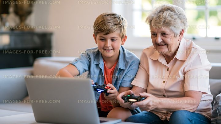 Grandmother and grandson playing video games together in living room