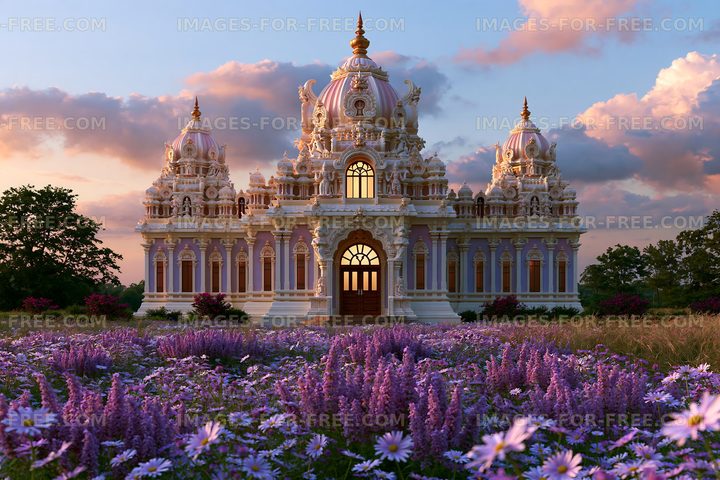 Historic temple at sunset surrounded by flowers