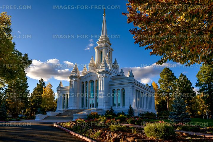 White church building with tall spire and trees in the background