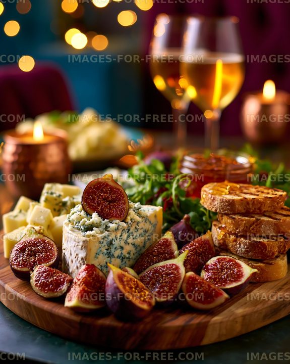 Cheese platter with dried figs, bread and drinks on a table