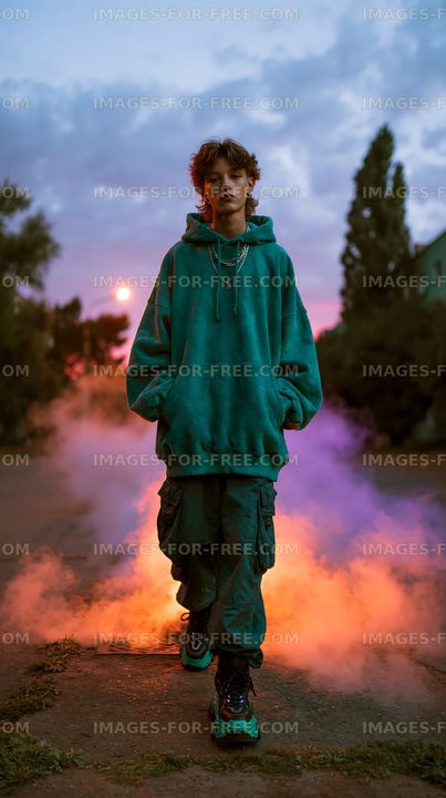 Young person walking through smoke on a street at sunset