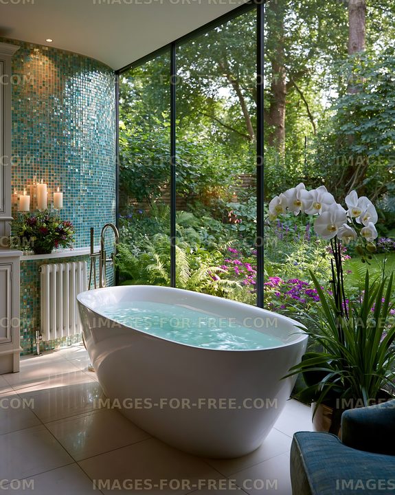 Modern bathroom with a freestanding tub and garden view