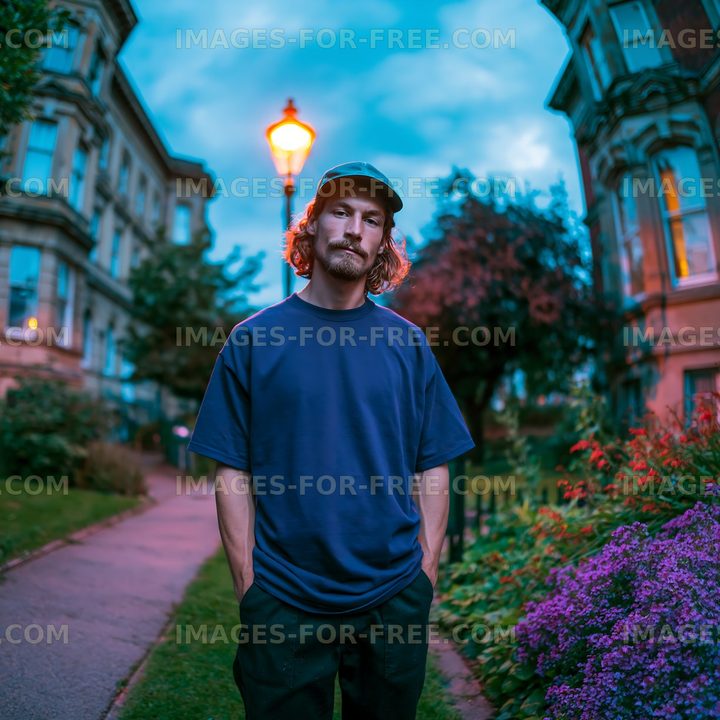 Man standing in a park with flowers and buildings at dusk