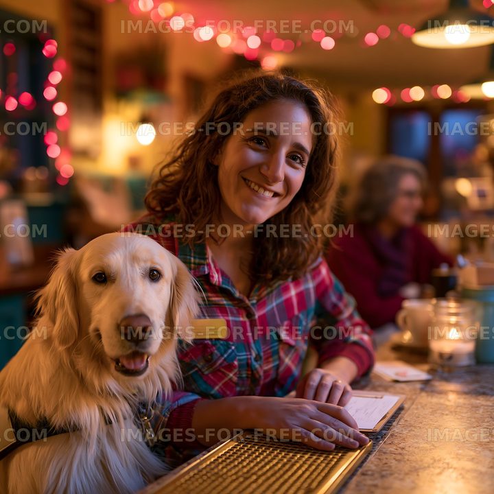 Smiling woman with a dog at a cozy cafe setting in the evening