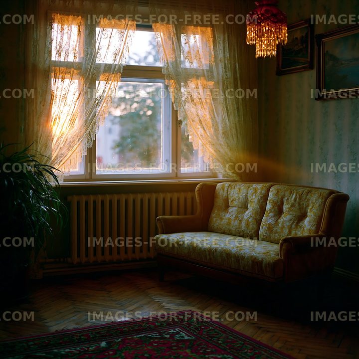 Sunlight streaming through curtains in an old living room