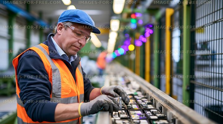 Worker assembling electronic components in a factory setting