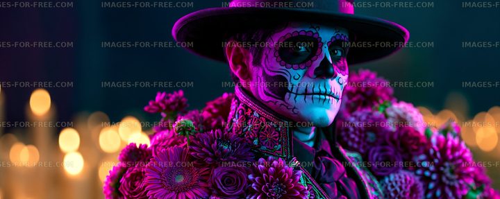 Colorful skeleton person in flowers with candles in the background