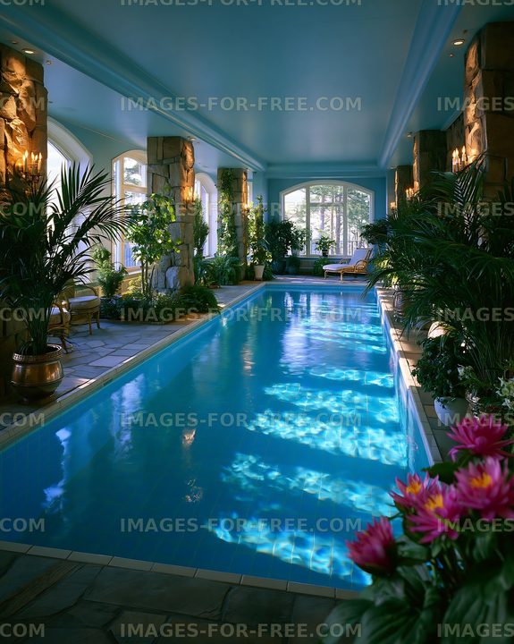 Indoor swimming pool with plants and natural light in building