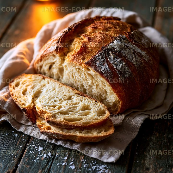 Freshly baked bread on a wooden table with slices cut