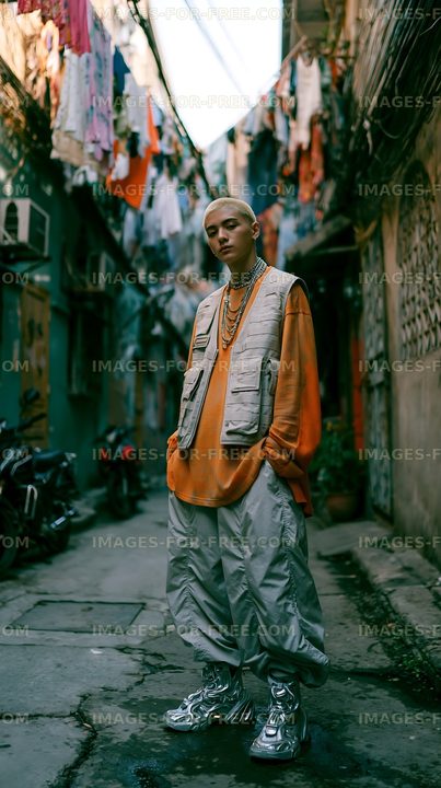 Young person stands in an alley with hanging clothes and bikes