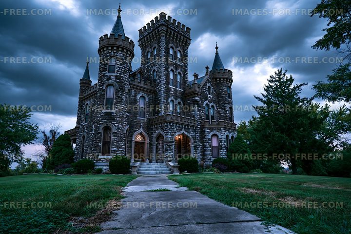 Dark stone castle surrounded by trees and cloudy sky