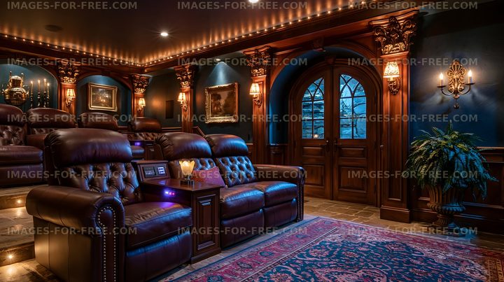 Home theater with comfortable seating and elegant decor