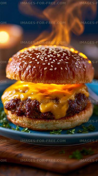 Delicious burger with melted cheese served on a plate