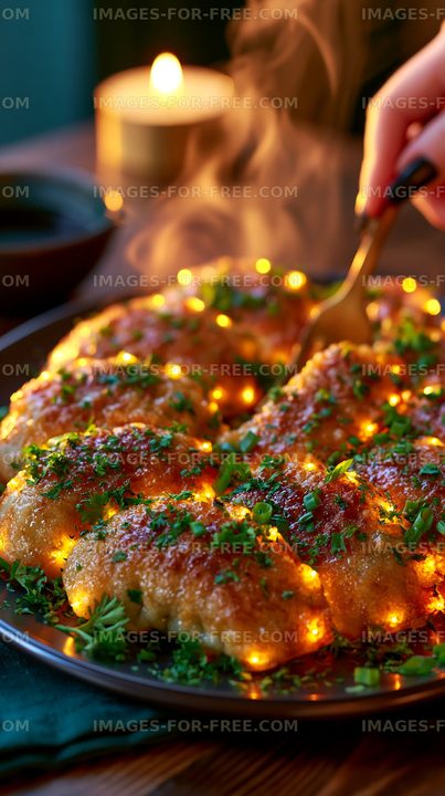 Delicious food served on a warm plate with herbs and glow