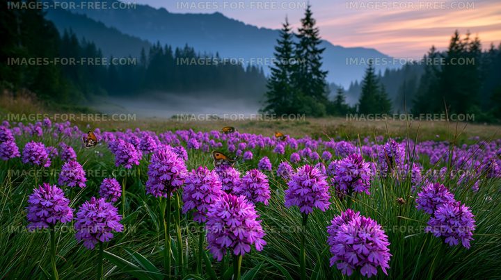 Purple flowers bloom in a meadow with mountains in the background