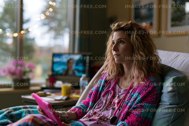 Patient sitting on hospital bed looking at tablet