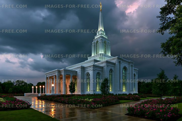 Building with tall spire under dark sky near blooming flowers
