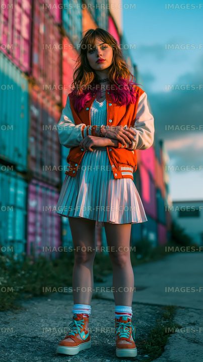 Young woman standing near colorful shipping containers