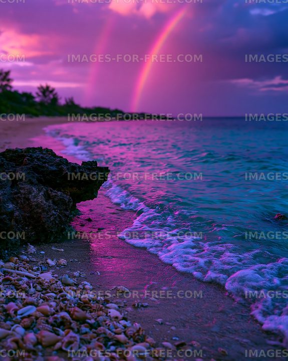 Colorful sunset over a beach with a rainbow and rocky shoreline