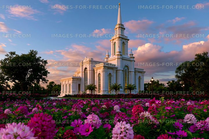 Flower garden in front of church building during sunset