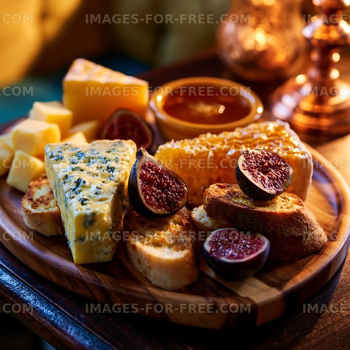 Cheese and bread platter with figs and honey served on a wooden board