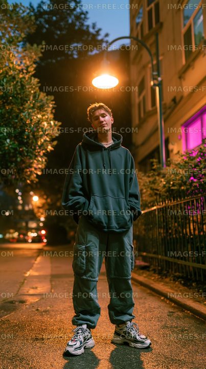 Young person standing on urban street at night under streetlight
