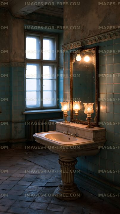 Old bathroom with sink and mirror in an abandoned building