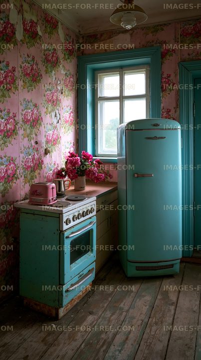 Vintage kitchen with blue appliances and floral wallpaper