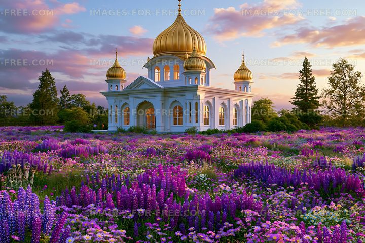 Golden domes rise above flowers in a garden during sunset