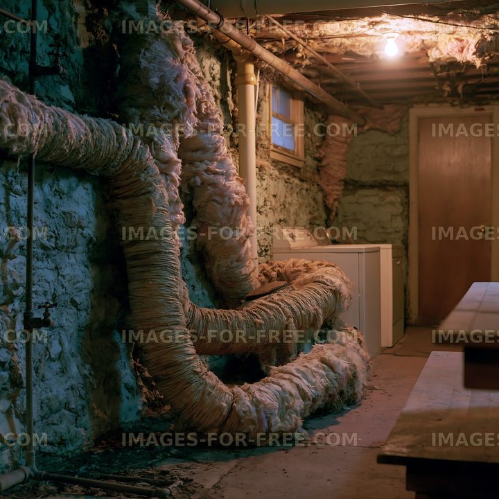 Basement with exposed pipes and washer in dim light